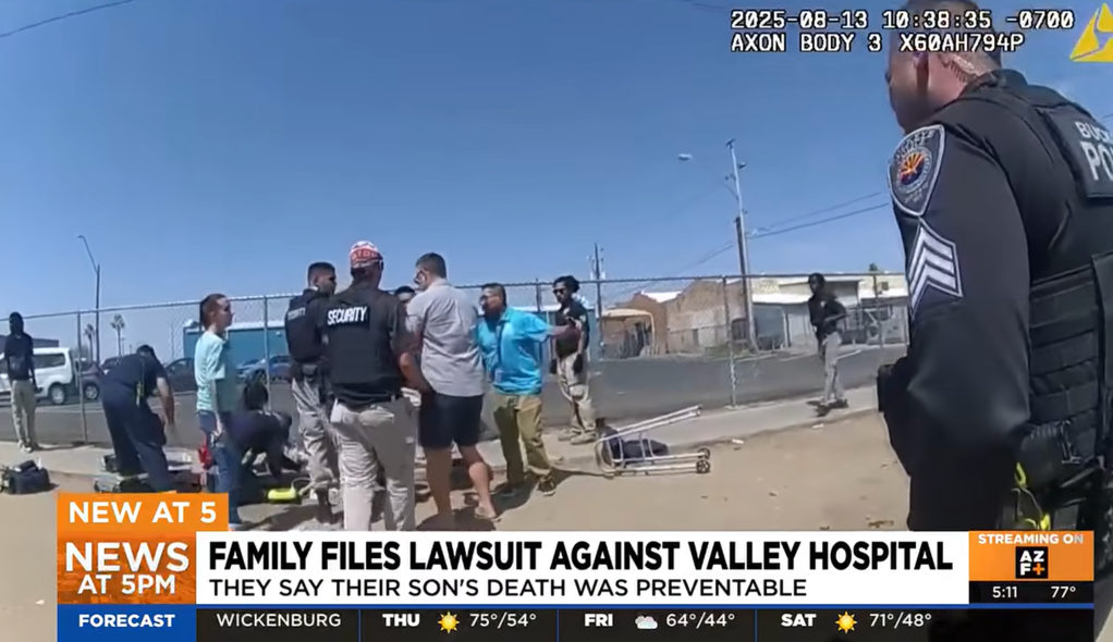 Seth Lachica and first responders outside where Kaelen was left after his discharge.